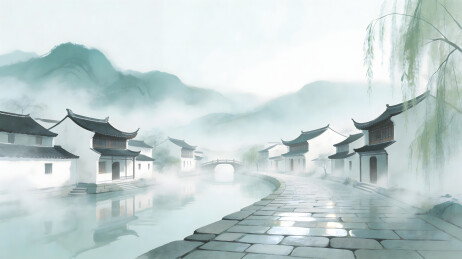 水墨山水古建筑长廊