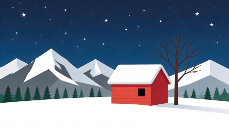 冬夜雪景小屋与雪山