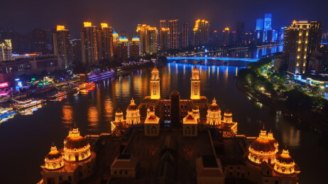 航拍福州中洲岛闽江之心夜景灯光秀