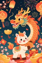春节龙鹿卡通插画