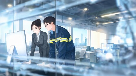 现代办公室男女看电脑窗外城市高楼