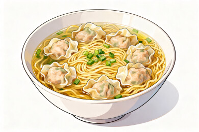 一碗热气腾腾的馄饨面特写