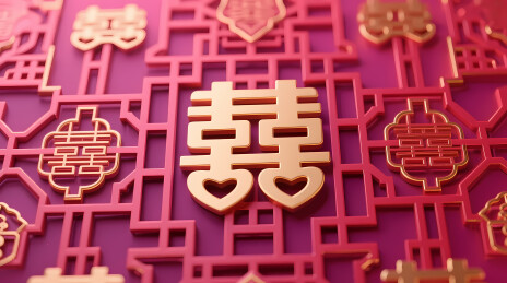 金色立体囍字与粉红镂空背景