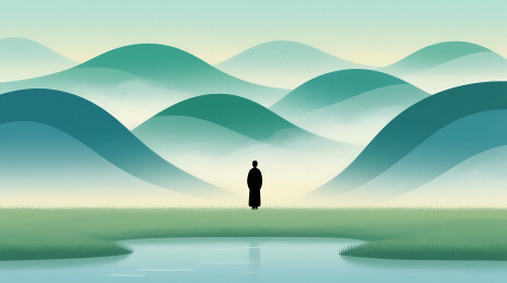 孤影伫立青绿山峦间