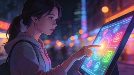 女性夜间操作街头大型触屏设备
