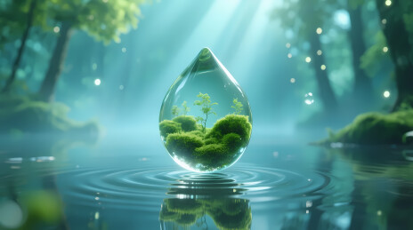 水滴中的翠绿苔藓森林