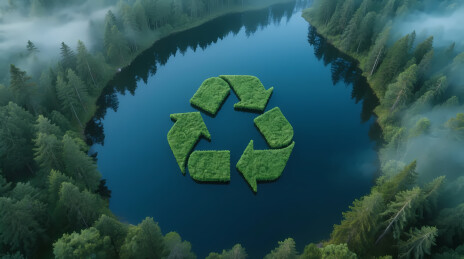 翠绿植被回收标志漂浮湖面