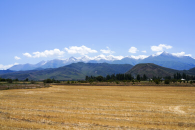 中亚高原田野雪山风光