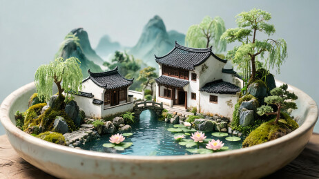 水墨画江南水乡微景观商务背景