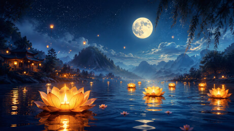 国风中元节水面放河灯祈福夜景插画