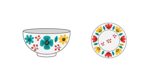 花卉图案碗盘卡通插画