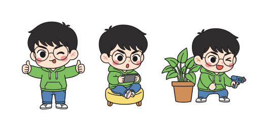 绿卫衣小男孩多动作 Q 版卡通人物插画