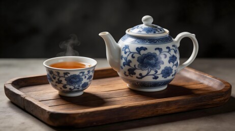 青花瓷茶具热茶袅袅升起