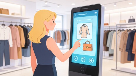 金发女性店内操作触屏设备购物场景