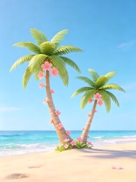 热带海滩椰树花开美景