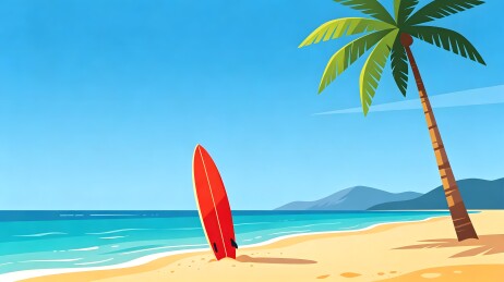 沙滩椰树冲浪板风景画