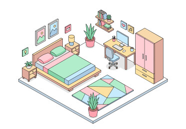 马卡龙色系等距卡通卧室插画