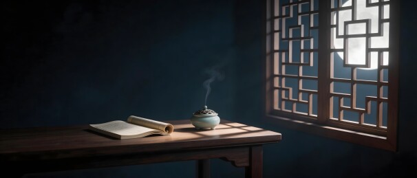古窗月下书卷与香炉