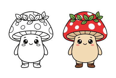 黑白线稿 + 上色绿叶花环红蘑菇卡通插画