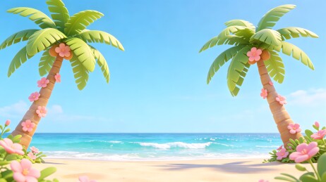 热带海滩椰树与海浪