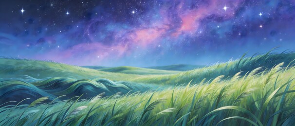 星空下的绿色草浪景观