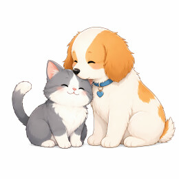 灰猫橙白狗亲密亲吻纯白图