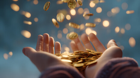 双手承接空中洒落的金币