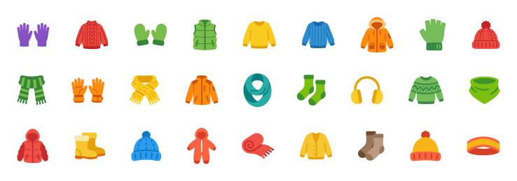 冬季保暖服饰手套围巾毛衣扁平矢量图标