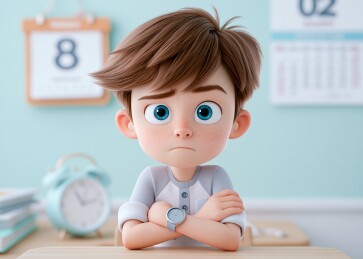 男孩教室里看时间
