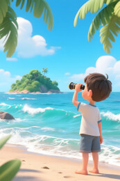 海边男孩望远镜眺望远方