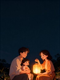 一家三口夜晚户外欣赏手中灯笼
