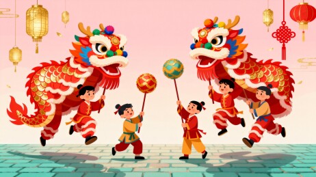 孩童舞龙庆春节插画
