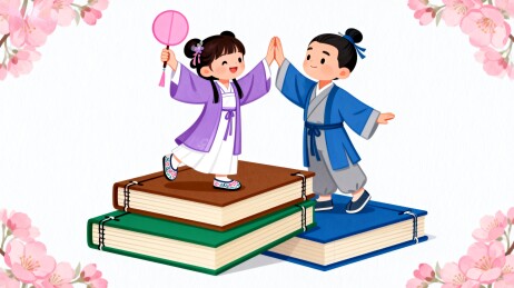 两名穿汉服的儿童站在彩色书本上