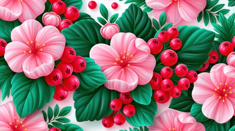 粉色花朵与红色浆果的精美图案