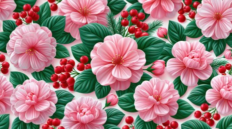 粉色花朵与红色浆果的美丽图案