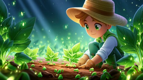 卡通人物田间种植幼苗