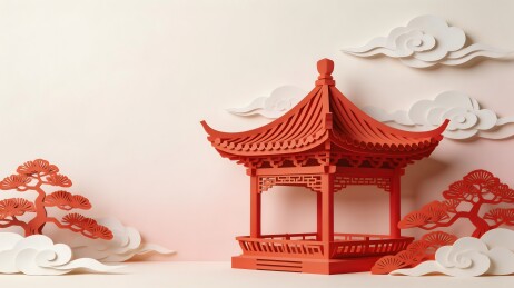 红色纸艺亭阁与松树云朵