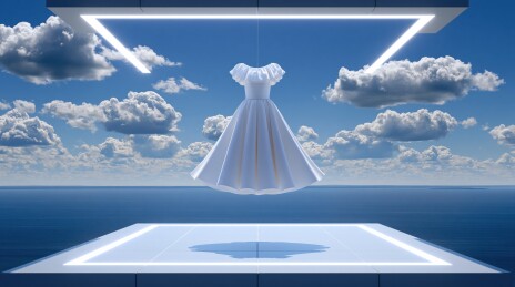 云端悬挂白色礼服梦幻场景