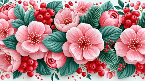 粉色花朵与红色浆果的精美插画