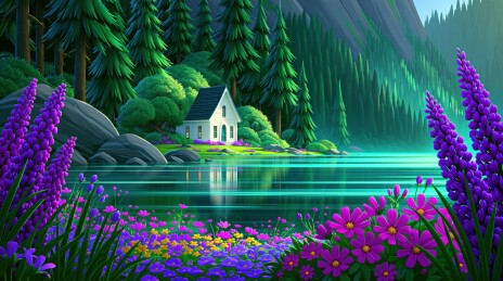 湖畔花丛中的白色小屋