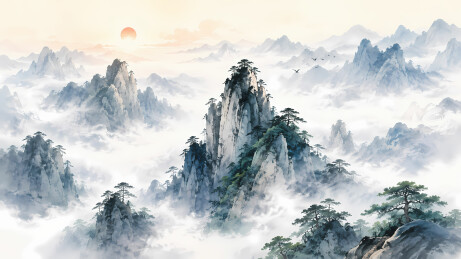 陡峭群山云雾水墨风格图