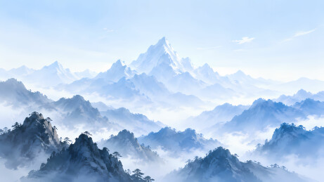 淡蓝多层山峦朦胧水墨图