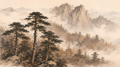 松树树林陡峭山脉水墨图