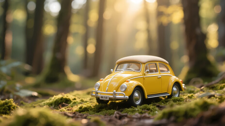 黄色甲壳虫行驶在梦幻森林