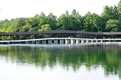 绿林湖畔中式长桥卧波画面全景