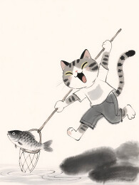 水墨画小猫捕鱼插画