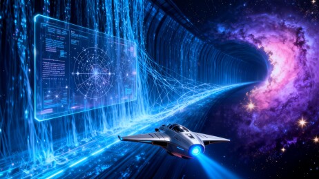 未来宇宙飞船穿越星云隧道