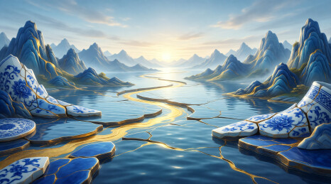 瓷器碎裂成湖背景