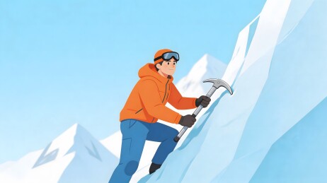 橙衣登山者攀爬冰雪山峰