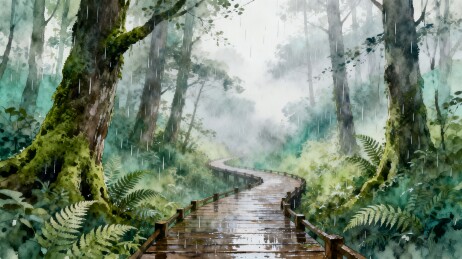 林间栈道水彩插画雨雾森林自然风景